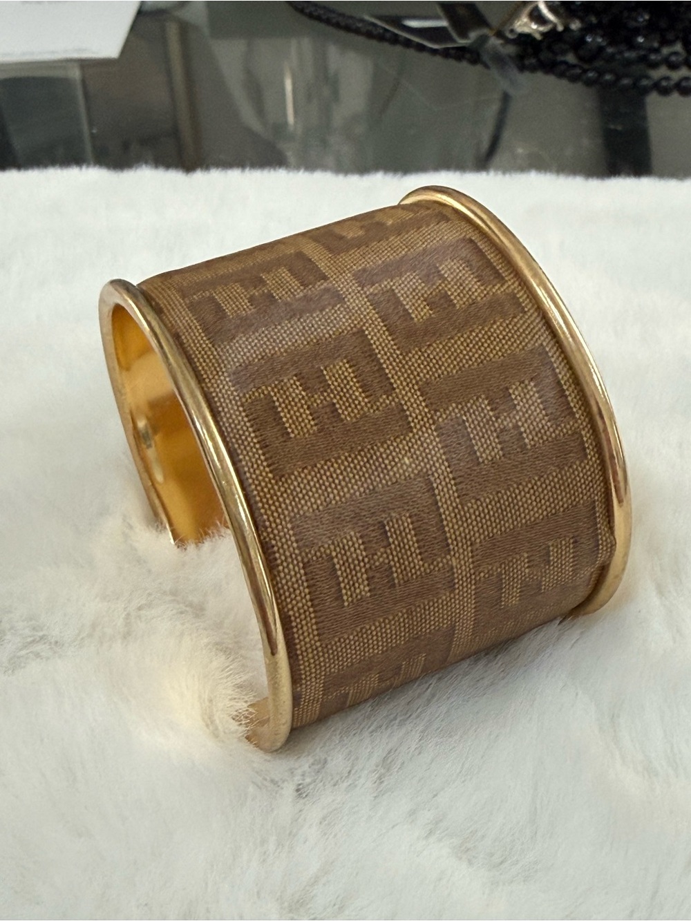 Fendi upcycled Brown Monogram Wide Cuff Bracelet with Gold-Tone Edges